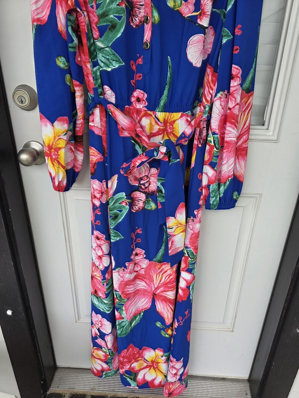 Halston Floral Maxi Dress Size 12 Blue Pink Long Sleeve Belted Vacation NWT - Picture 5 of 12